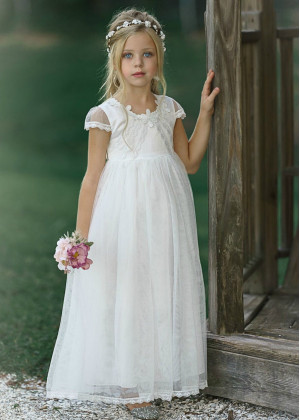 Cap Sleeve Ivory Lace Tulle Ankle Length Flower Girl Dress